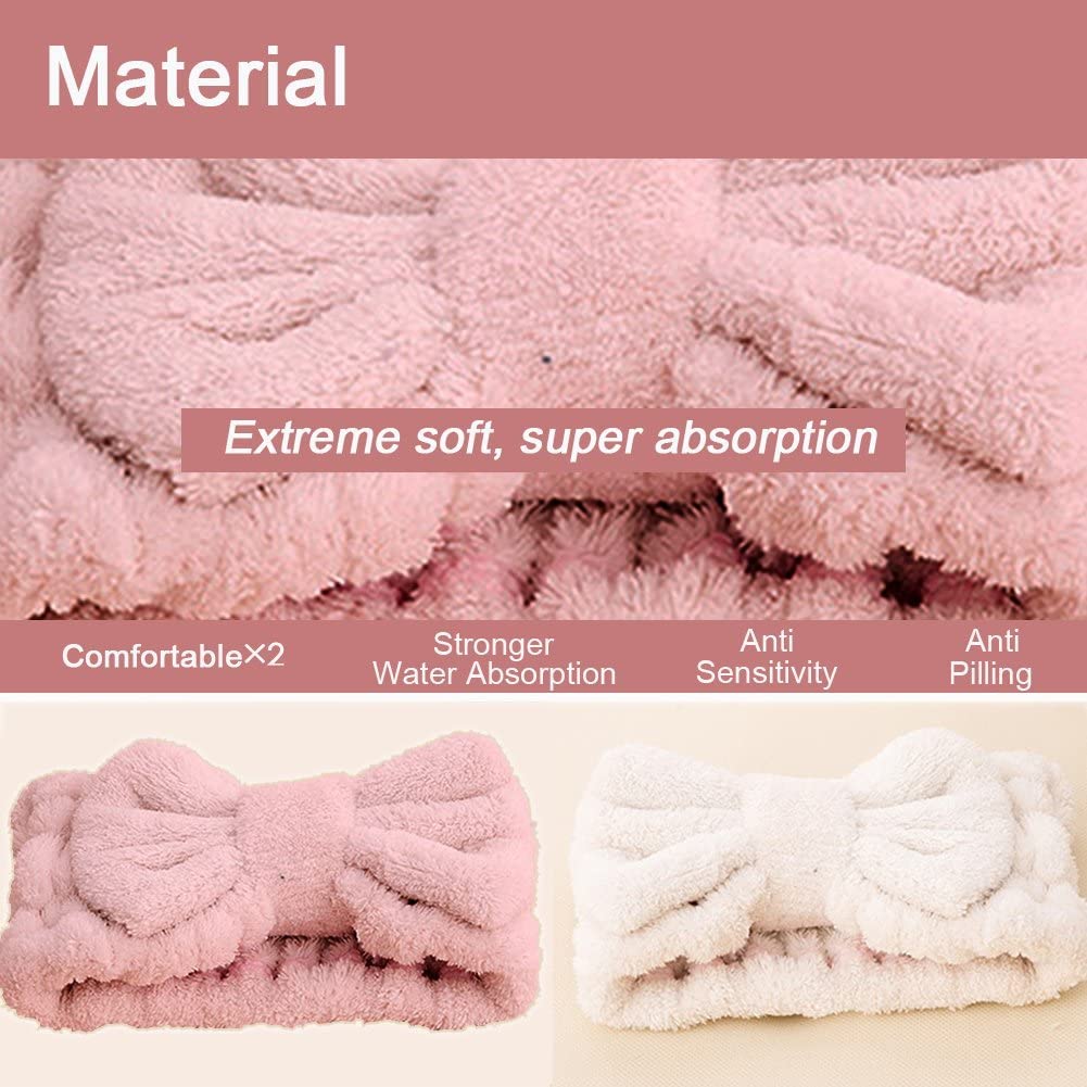 Jseng Microfiber Bowtie Women Beauty Headbands, Extrame Soft & Ultra Absorbent, Comfort to Wash Makeup Shower Facial Skincare Spa Thick Hair Band for Girls (Beige+Pink)