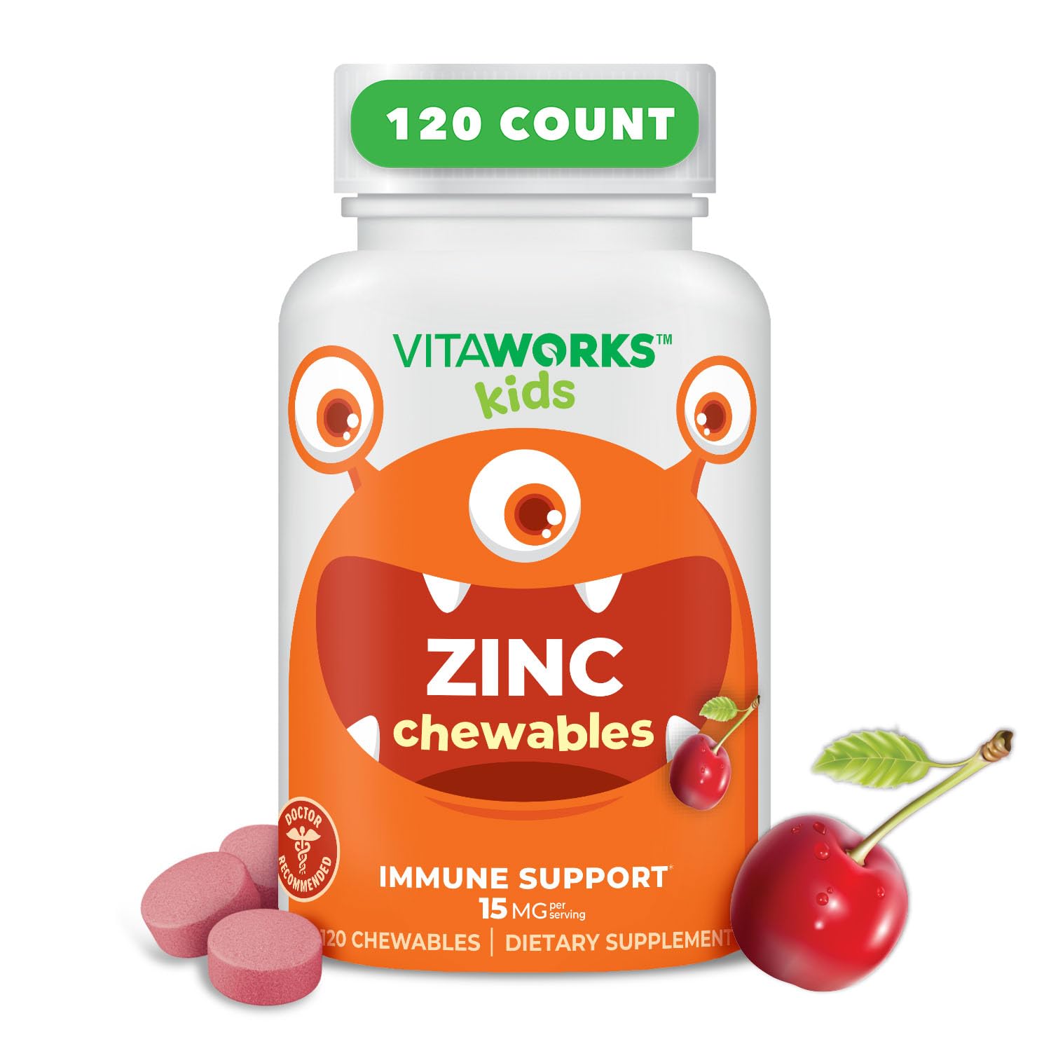 VitaWorks Kids Zinc 15mg Chewable Tablets - Natural Cherry Flavor - Vegan, Vegetarian, GMO-Free, Gluten Free, Nut Free Vitamins - Dietary Supplement for Immune Support - for Children - 120 Chewables