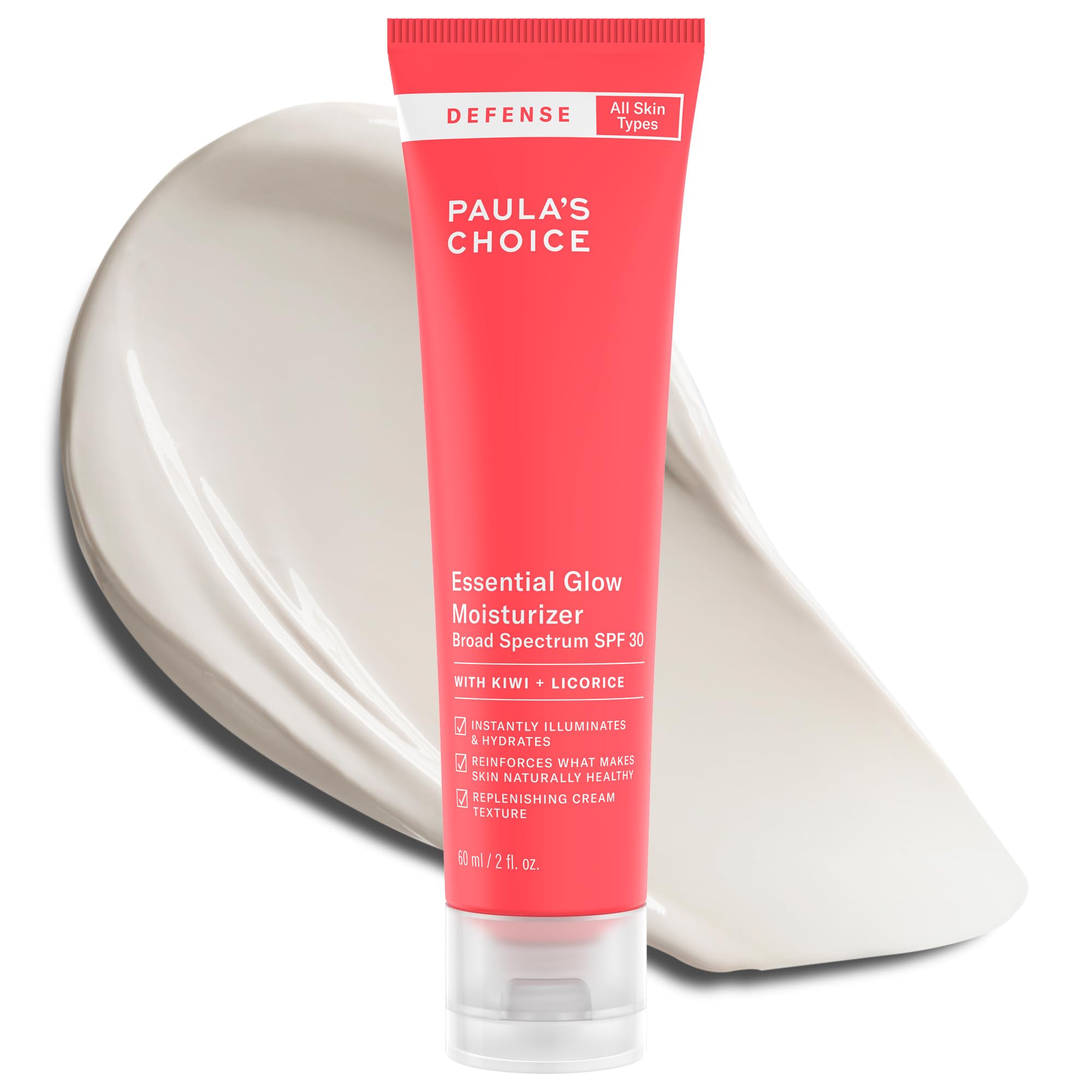 Paula's Choice DEFENSE Essential Glow Mineral Moisturizer SPF 30 with Kiwi Extract, Vitamin C & E, Niacinamide, Argan Oil & Resveratrol, Radiant Dewy Finish, 2 Oz Tube