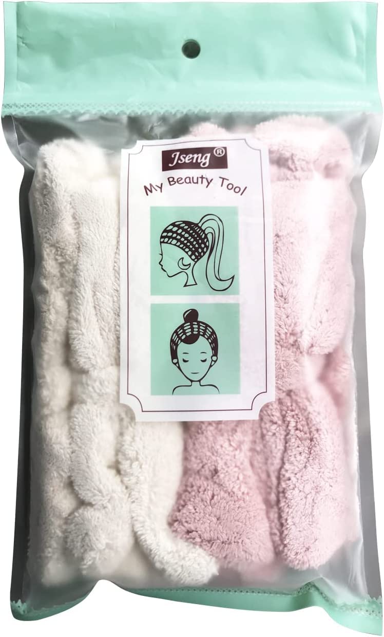 Jseng Microfiber Bowtie Women Beauty Headbands, Extrame Soft & Ultra Absorbent, Comfort to Wash Makeup Shower Facial Skincare Spa Thick Hair Band for Girls (Beige+Pink)