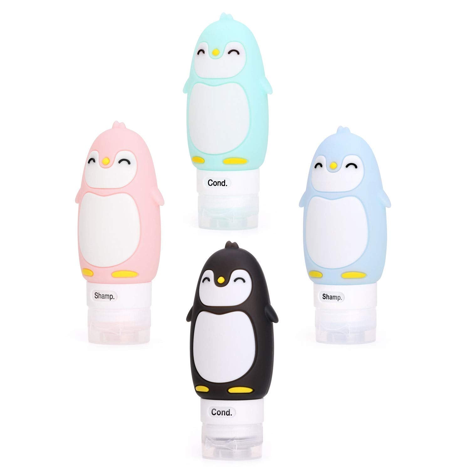 AUTENS Leakproof Silicone Travel Bottles Accessories Set, 3oz (90ml) 4 Pack Refillable Cute Penguin Travel Containers for Shampoo, Conditioner, Liquid, Lotion, Sunscreen - FDA, TSA Approved & BPA Free