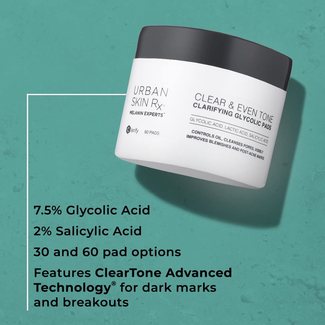 Clear & Even Tone Clarifying Glycolic Pads | Urban Skin Rx® | Powerful Formula Targets Blemishes, Removes Excess Oil and Evens Skin Tone, Formulated with Glycolic, Salicylic and Lactic Acids | 30 Pads