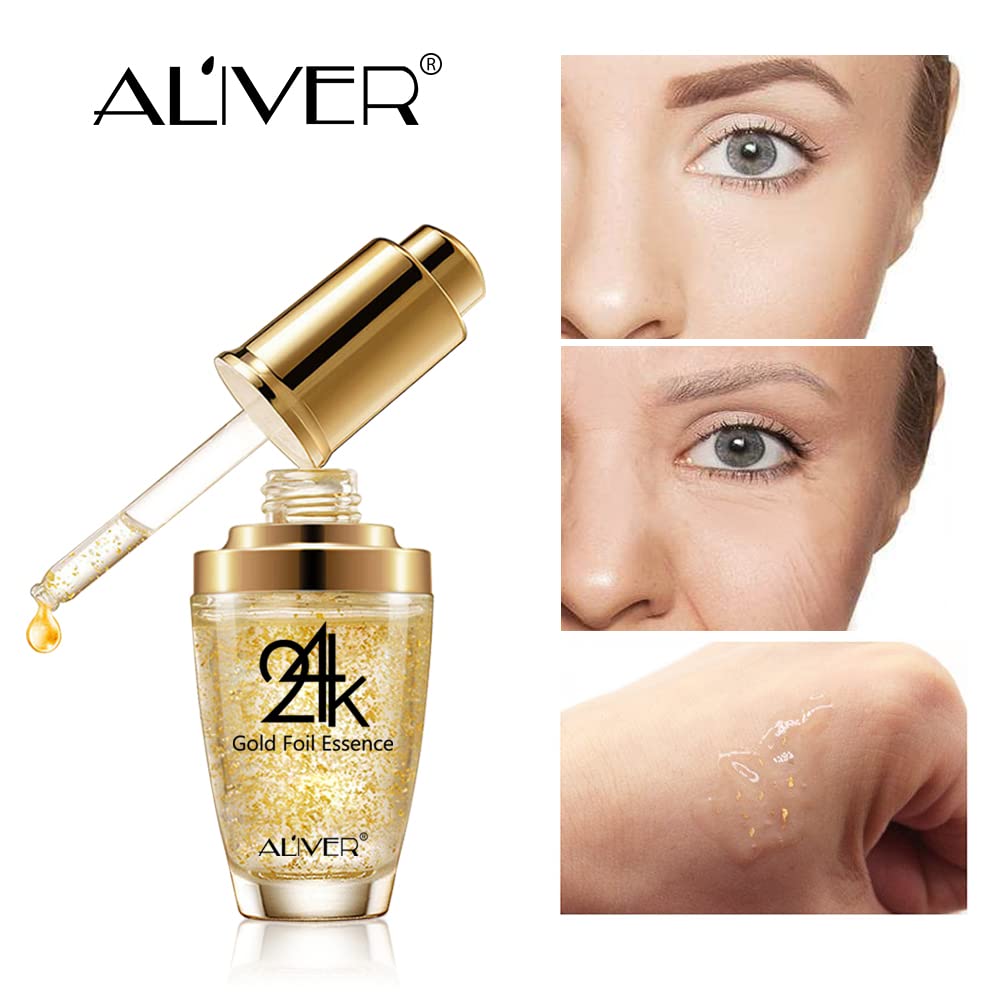 24K Gold Foil Essence Anti Aging & Wrinkle Moisturizing Firming Face Serum Treatment for Women Skin Care Hyaluronic Acid Liquid (30ml)
