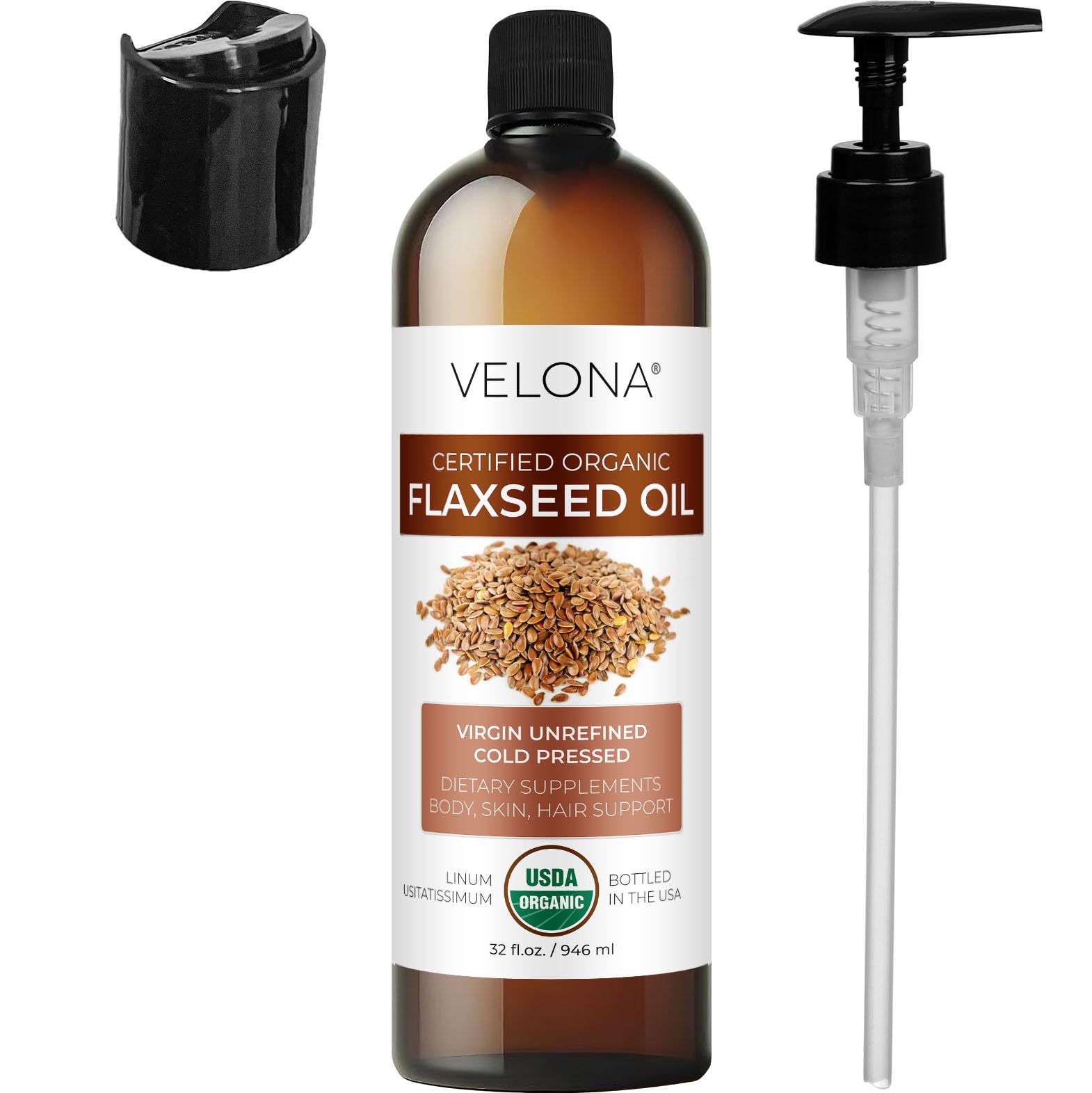 velona USDA Certified Organic Flaxseed Oil - 32 fl oz | 100% Pure and Natural Carrier Oil | Unrefined, Cold Pressed | Hair Growth, Body, Face & Skin Care | Use Today - Enjoy Results…