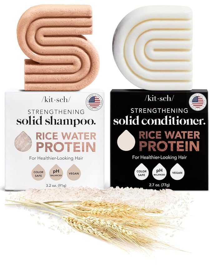 Kitsch Rice Bar Shampoo & Conditioner Set - Solid Shampoo & Conditioner Bar Set for Strengthening Hair, Paraben-Free, Rice Water Shampoo Bar & Conditioner Soap, Made in USA, 2pcs