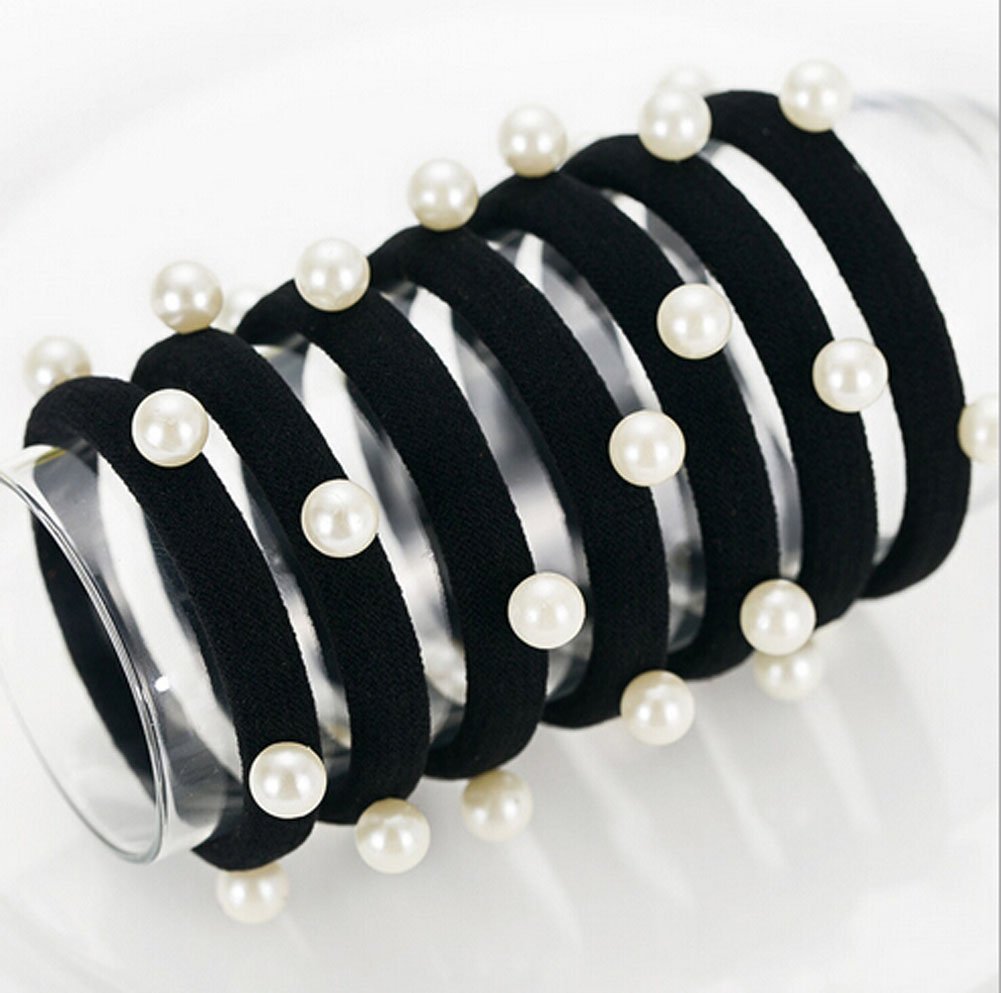 20 Pcs Black Man-made Pearl Elastic Hair Bands Cotton Stretch Hair Ties Ponytail Girl Headbands Hair Ropes Hair Accessories