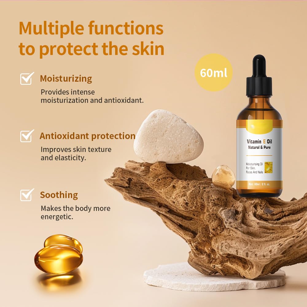 Loske Organic Vitamin E Oil, Natural & Pure Moisturising Oil for Skin, Face, Nail, Hair, Improves Skin Texture and Elasticity, Reduce Dullness, Aging (1)
