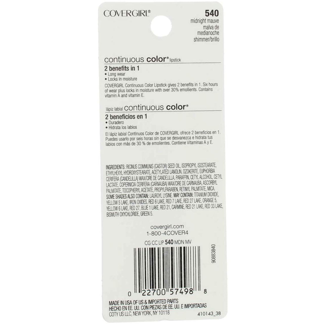 COVERGIRL Continuous Color Lipstick Midnight Mauve 540, .13 oz (packaging may vary)