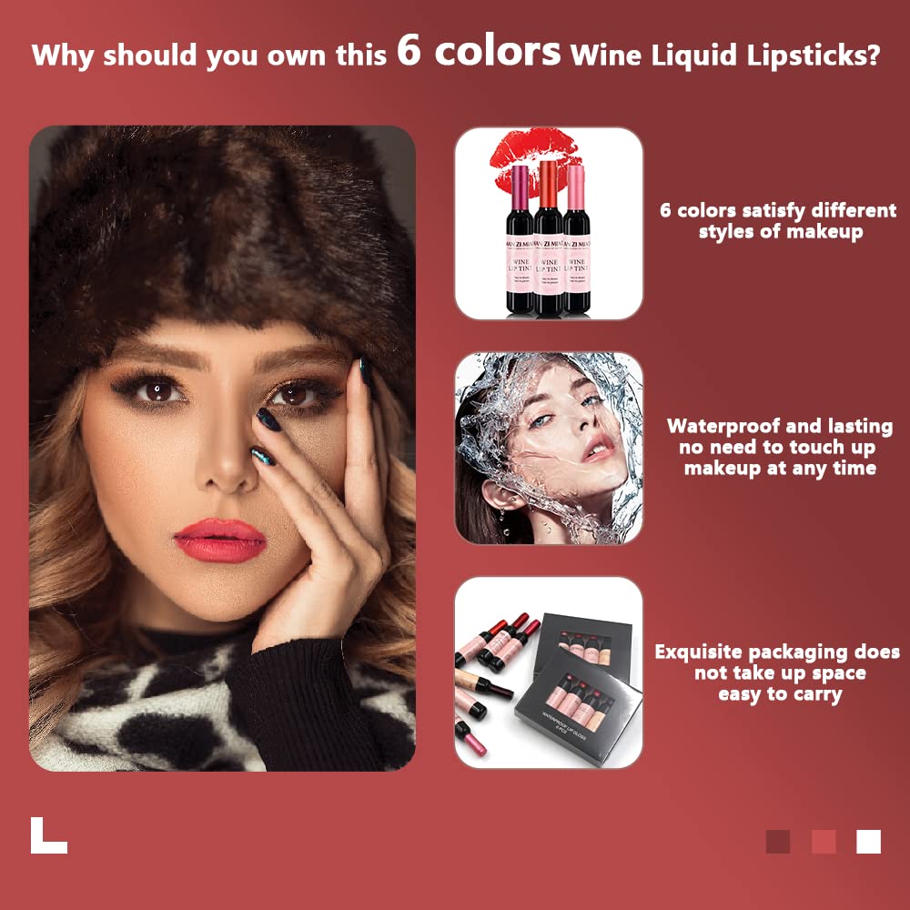 VOLLUCK Wine Liquid Lipstick, Lady Long Lasting Make Up Gloss Matte Lip Tint Wine Bottle Cover, Waterproof, Valentine's Day Gift Kit Ideas for Girlfriend, Mom, Friend (6 Colors)