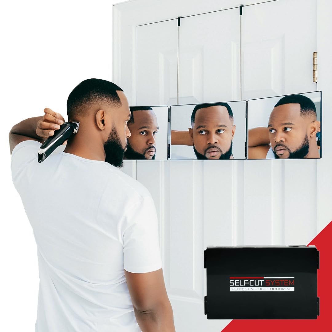 SELF-CUT SYSTEM Travel Version - Three Way Mirror for Self Hair Cutting with Height Adjustable Telescoping Hooks and Free Educational Mobile App