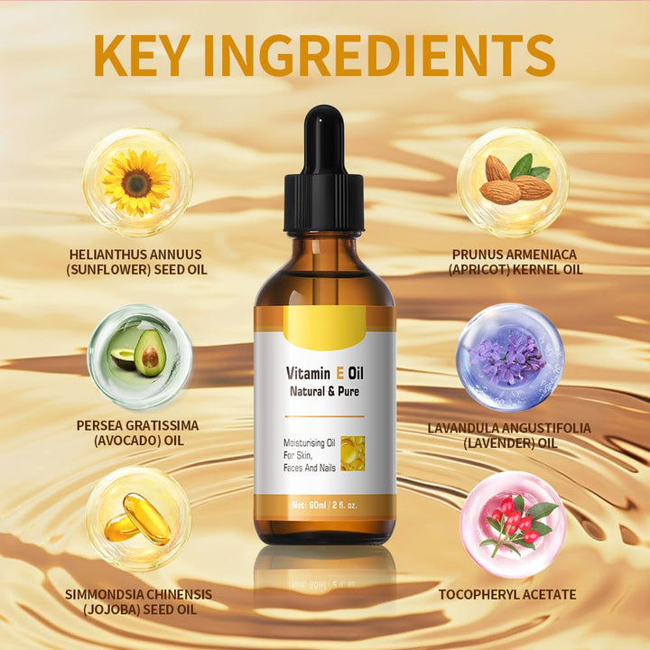 Loske Organic Vitamin E Oil, Natural & Pure Moisturising Oil for Skin, Face, Nail, Hair, Improves Skin Texture and Elasticity, Reduce Dullness, Aging (1)
