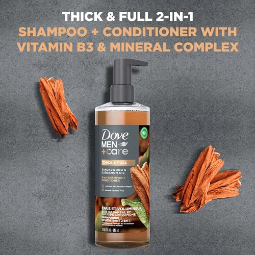 Dove Men+Care 2-in-1 Shampoo + Conditioner Sandalwood & Cardamom Oil for Thick & Full Hair, + Vitamin B3 & Mineral Complex, 17.5 oz