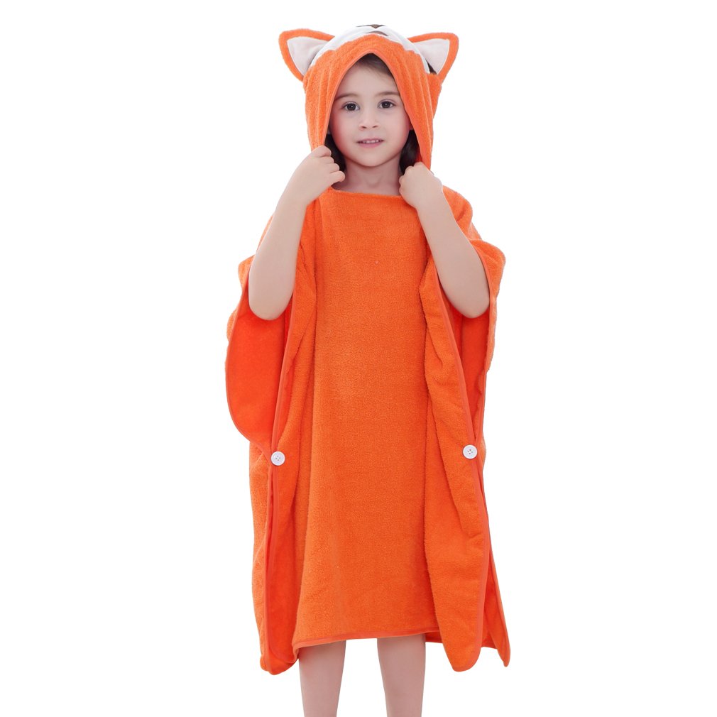 MICHLEY Hooded Baby Towel Unisex Beach Bath Poncho, Soft Cotton Animal Kids Bathrobe for 2-6 Years, 27.5X 27.5(Fox)