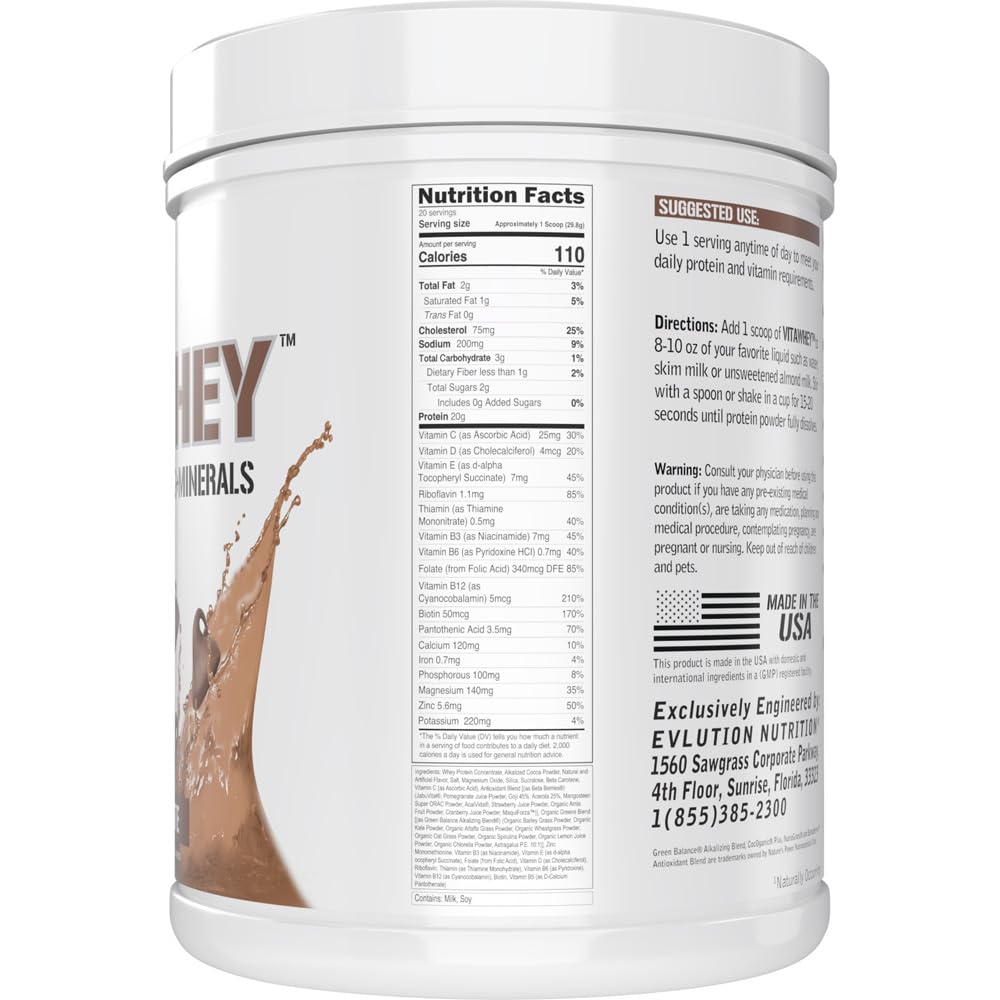 Evlution Nutrition VitaWhey - 100% Whey - Vitamins & Minerals - Muscle Growth, Strength & Recovery - Multivitamin Protein Powder - 20g Protein Per Serving - Fast Absorbing - 20svg - Chocolate