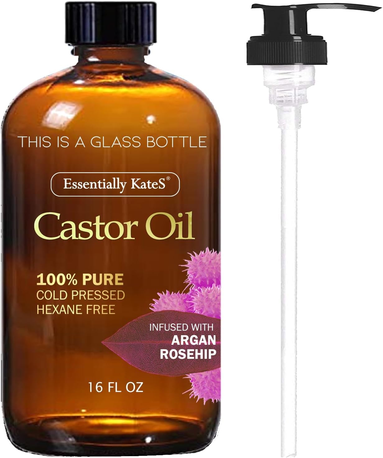 Castor Oil 16 Fl Oz (Glass Bottle) - Argan + Rosehip - A Huge Glass Bottle with a Pump - 100% Pure and Natural, Cold Pressed, and Hexane-Free - Hair Oil, Body Oil
