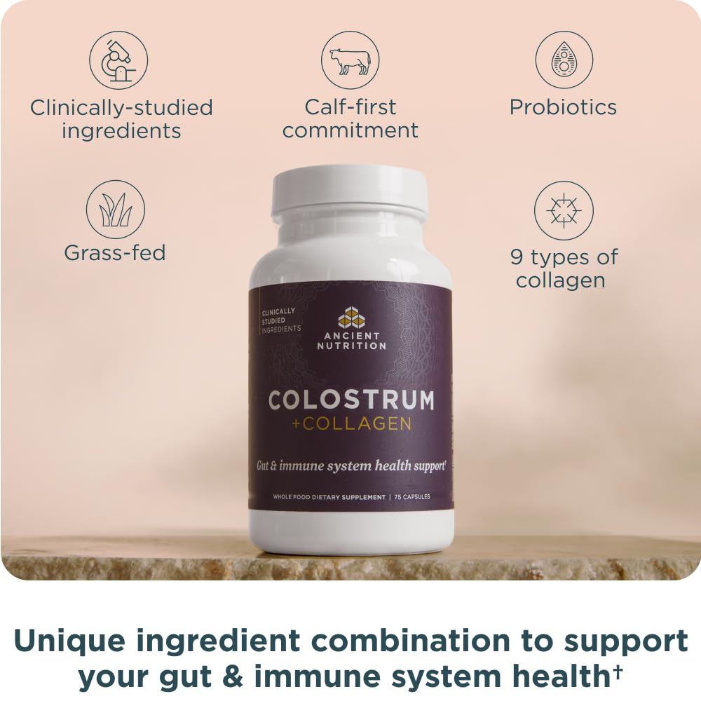 Ancient Nutrition Colostrum Superfood + Collagen, Grass Fed Bovine Colostrum, Fermented Eggshell Membrane Collagen, Supports Healthy Gut Microbiome and Immune System, 75 Count