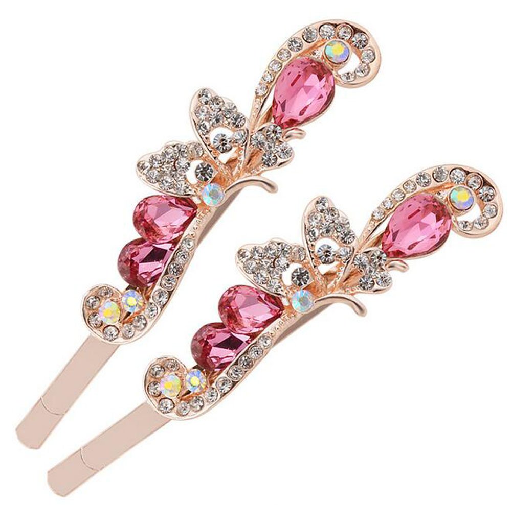 2PCS Rhinestone Flower Hair Clips Butterfly Graphics Hairpin Side Clip Barrette Bobby Pin Hair Accessories for Women Lady (Purple)