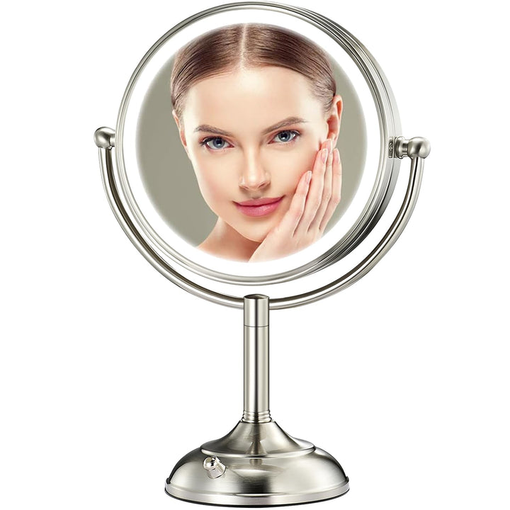 Professional 8.5 Large Lighted Makeup Mirror with Brighter Lights, 1X/10X True HD Magnifying Mirror with 3 Color Dimmable Lights, 90 Shadowless LEDs, 360°Swivel Seamless Vanity Mirror, Pearl Nickel
