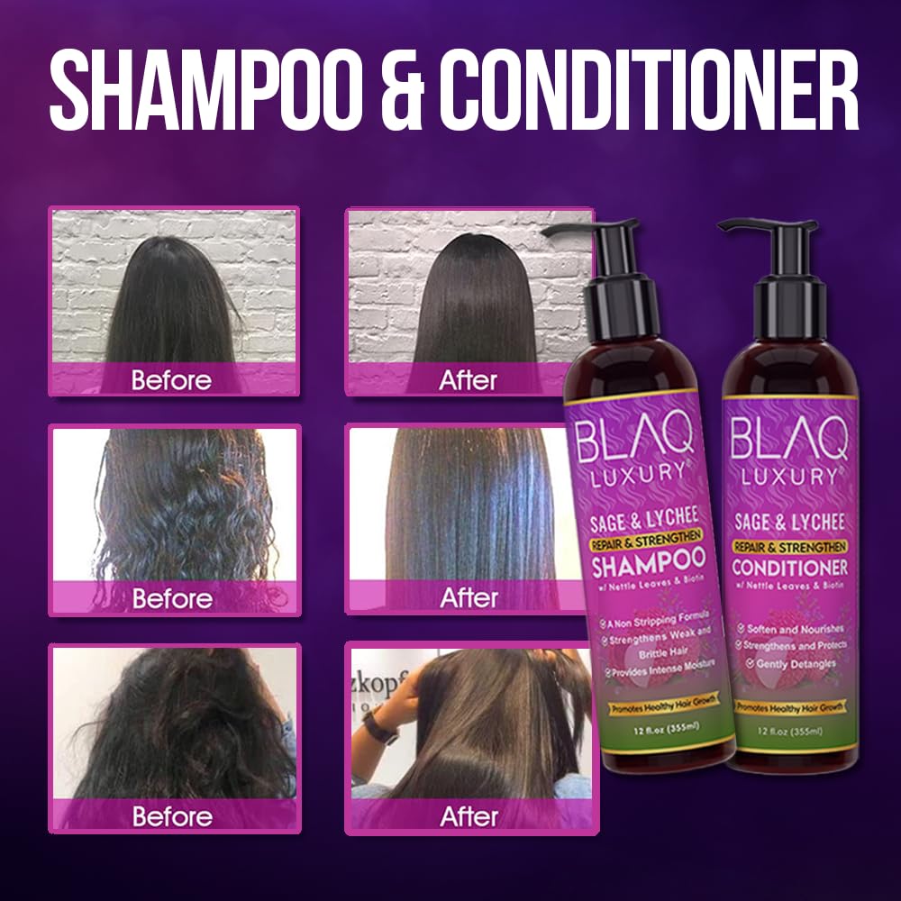 Blaq Luxury - Repair and Strengthen Biotin Shampoo & Conditioner for Women with Sage, Lychee, & Nettle | Repairs Damaged and Thinning Hair | Reduces Breakage | Visibly Stronger Hair | 12oz