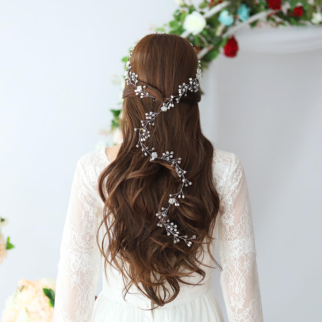 Bridalvenus Long Silver Bridal Headband (100 cm/39.3 Inches)