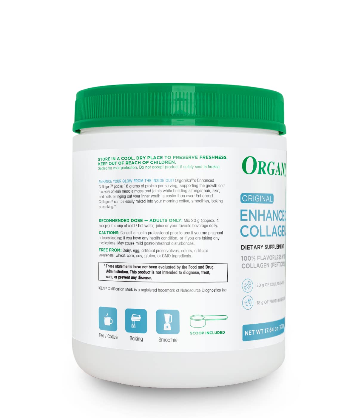 Organika Enhanced Collagen Peptides Protein Powder for Healthy Hair, Skin, Nails, Joints - Hydrolyzed for Better Absorption - Grass-Fed, Non-GMO, Type I and III - Unflavored 17.64 oz
