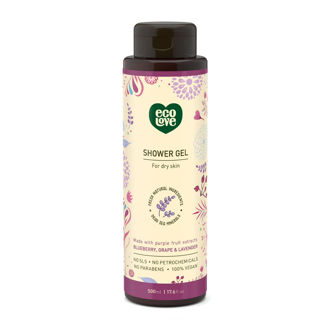 ecoLove Shower Gel for dry skin - Made with organic purple fruit extracts Blueberry, Grape & Lavender. 100% VEGAN (17.6 Oz)