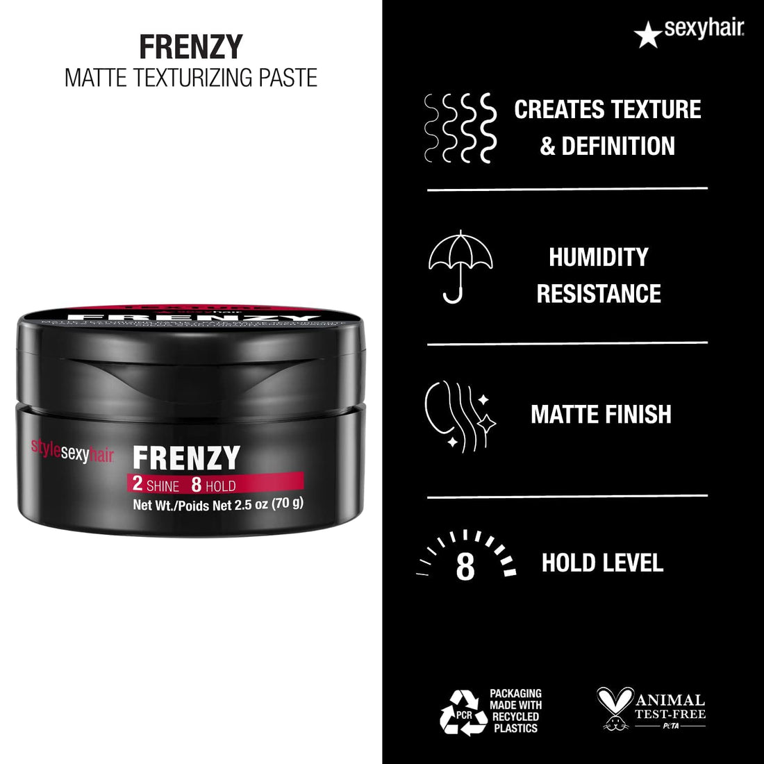 SexyHair Style Frenzy Matte Texturizing Paste, 2.5 Oz | Fullness, Texture and Definition | Helps Create Bulk | Semi-Matte