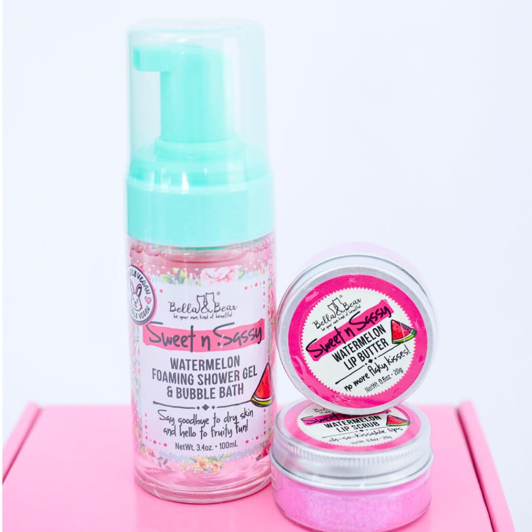 Bella & Bear Sweet 'n; Sassy Mini Bath & Body Gift Set with 2 in1 Foaming Shower Gel & Bubble Bath, Lip Scrub, Lip Butter -Easter gifts or Mothers Day basket.