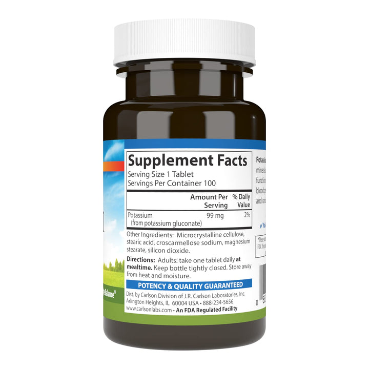 Carlson - Potassium, 99 mg, Promotes Nerve Health & Muscle Function, 100 Tablets
