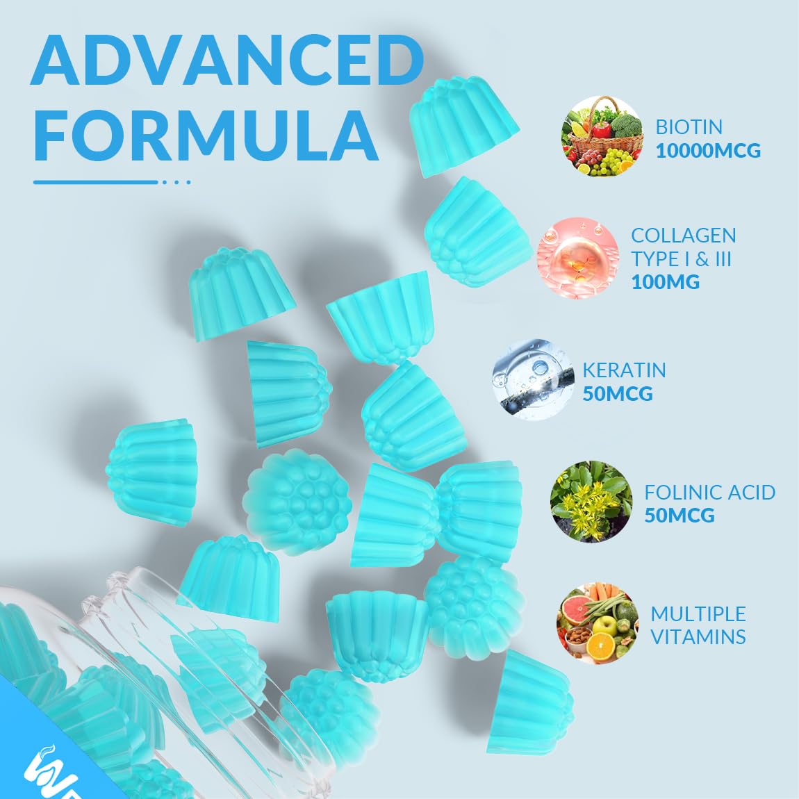 WEEVIT Sugar-Free Biotin Gummies, Biotin and Collagen Gummies with Keratin, Hyaluronic Acid for Hair Growth, Vitamin B7 Supplement Biotin Chewables for Women Men