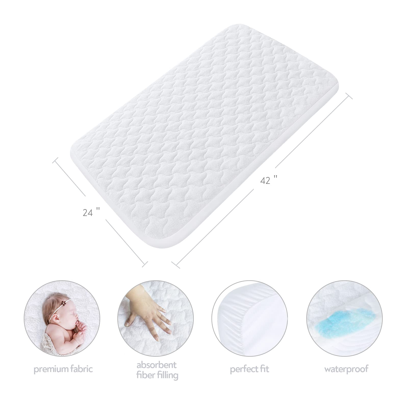 Waterproof Travel Crib Mattress Pad Cover, Fit for Guava Lotus, Dream On Me, UNiPLAY, 2 Pack Travel Crib Mattress Protector Sheets, Quilted Cotton Terry Surface, 24 x 42