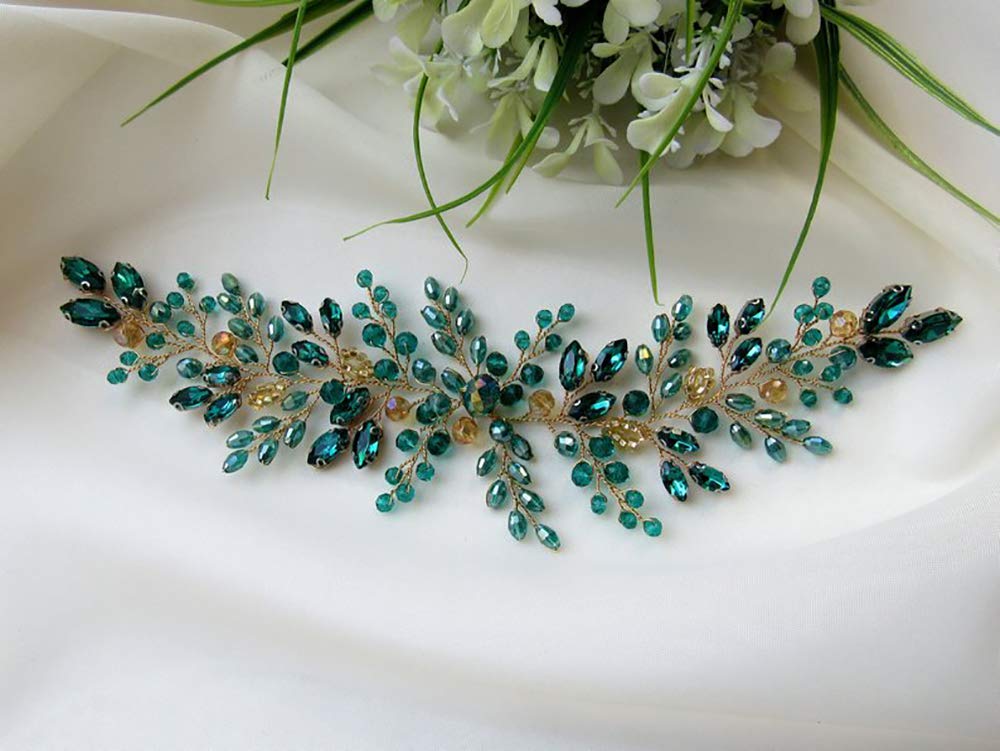 Denifery Emerald Wedding Hair Piece Green Hair Vine Bridal Gold Jewelry Headpiece Wedding Hair Accessories