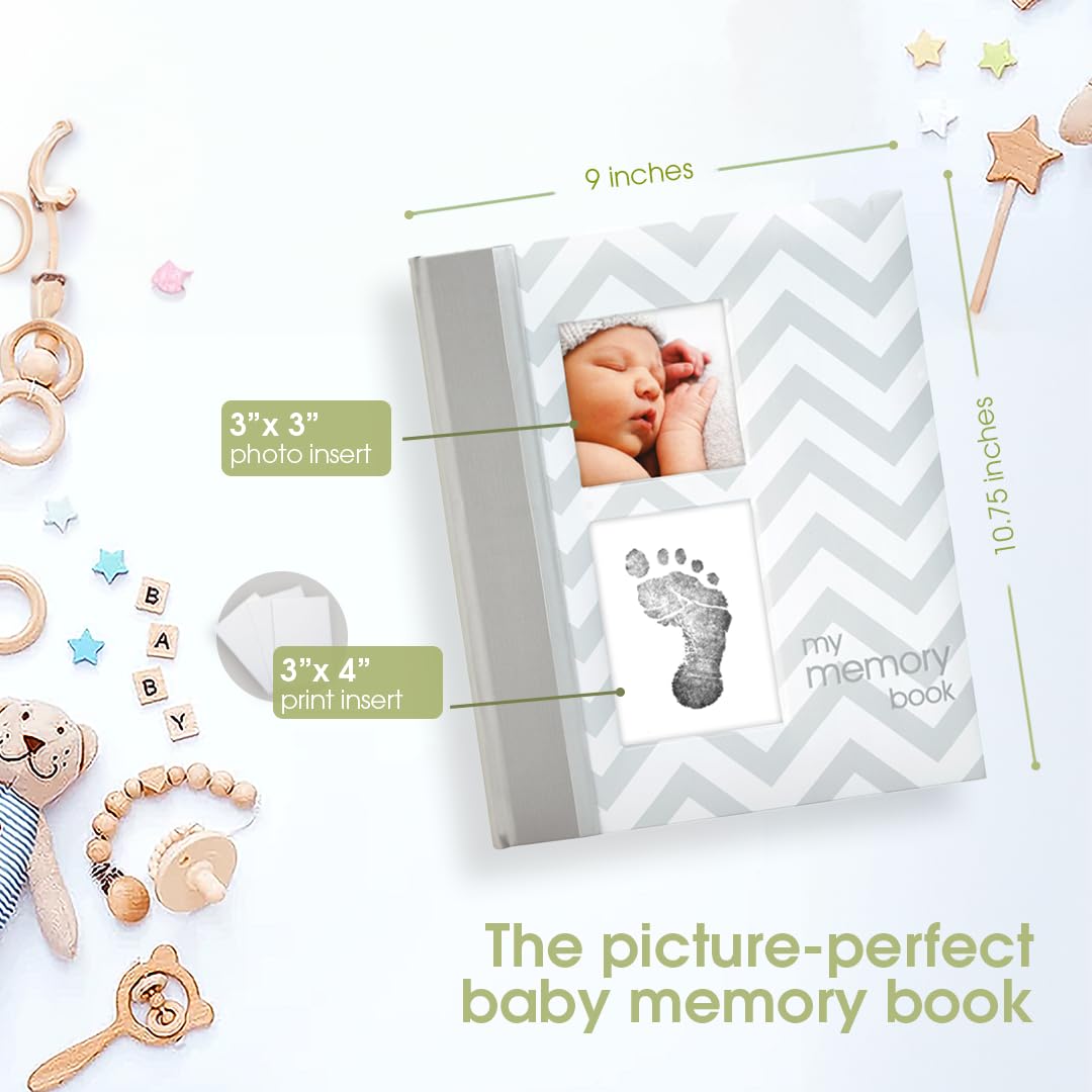 Pearhead First 5 Years Chevron Baby Memory Book, Clean-Touch Safe Ink Pad for Baby’s Handprint or Footprint, Gender Neutral Milestone And Pregnancy Gray