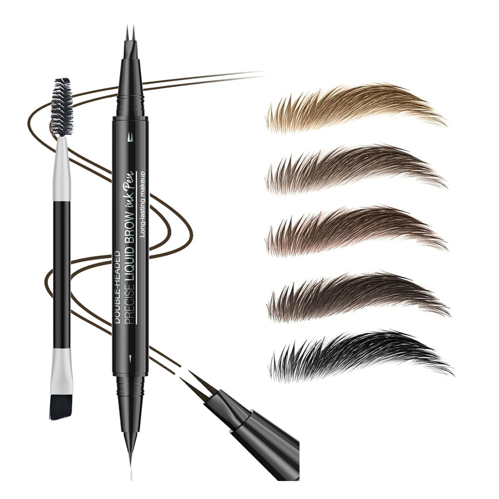 Fast Draw Eyebrow Pen, Duo Brow Microfilling Fork-Tips & Precise Tip, Natural Eyebrow Makeup Set with Spoolie Brush (#2 Medium Brown)