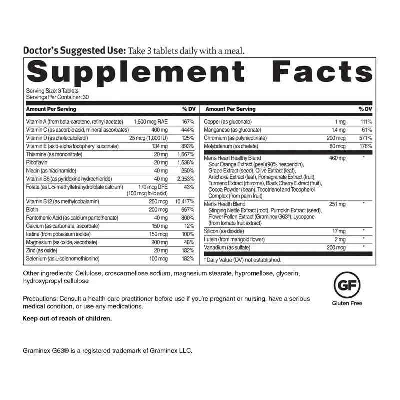 Dr. Sinatra Heart Healthy Multivitamin for Men with Vitamin D 1000 IU, A, B12, C, E, and Zinc, 90 Tablets (30-Day Supply)