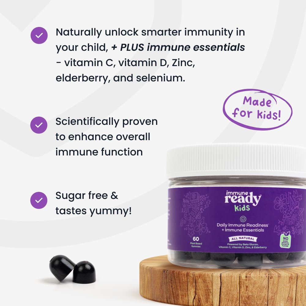 Immune Ready™ - Daily Immune Readiness Kids Gummies - Beta Glucan + Elderberry, Vitamin C, D3, & Zinc - Non-GMO, Vegan, Sugar-Free - Mixed Berry Flavor - 60 Gummies