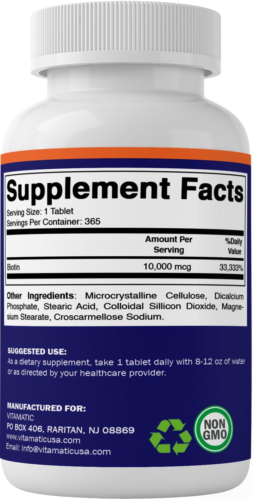 Vitamatic Biotin 10,000 mcg (10 mg) for Stronger Hair, Skin & Nails - 365 Vegan Tablets- Also Called Vitamin B7