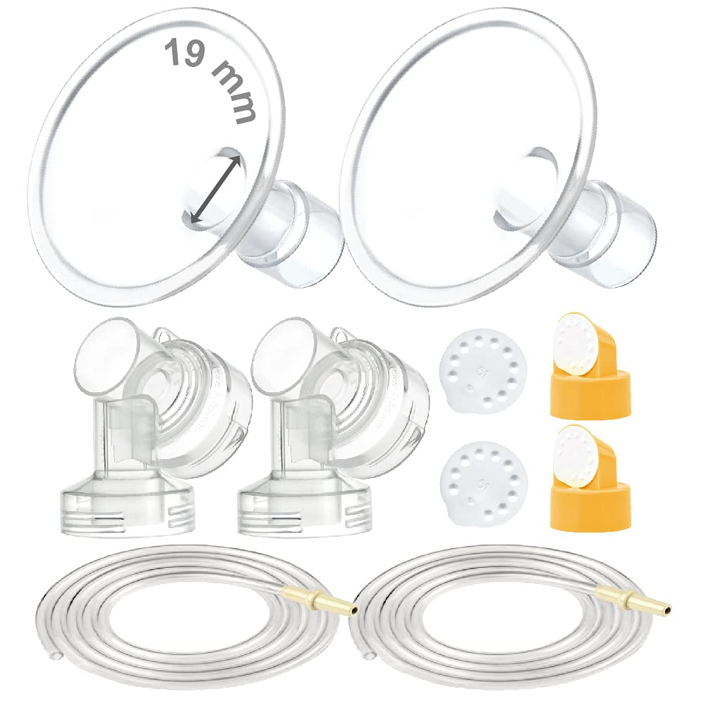 Maymom Breast Pump Kit Compatible with Medela Pump in Style Advanced Pump; 2xTwo-Piece 19mm Breastshield, 2 Valve, 4 Membrane, 2 Replacement Tubing; Replacement Part for Medela Shield, Medela Valve