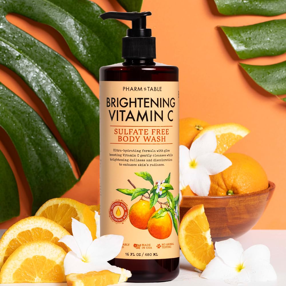 PHARM TO TABLE Brightening Vitamin C Body Wash for Women and Men - Brightens and Nourishes the Skin, Sulfate Free, 100% Cruelty Free, 480ml