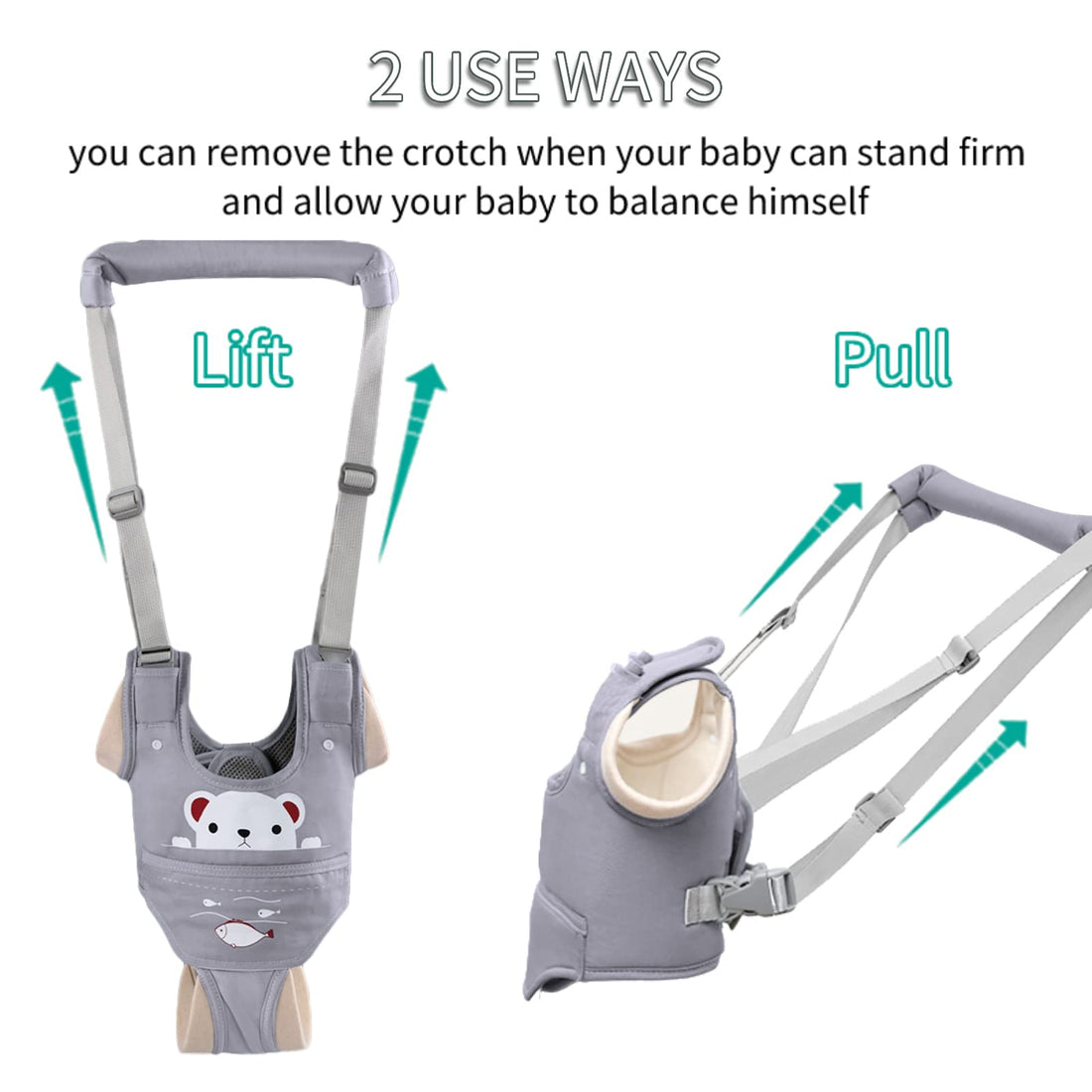 Huifen Baby Walking Harness, Handheld Kids Walker Helper with Detachable Crotch Adjustable Walker Harness Assistant Belt Baby Learning Walk Toddler Infant Walker 9-24 Months (Grey)