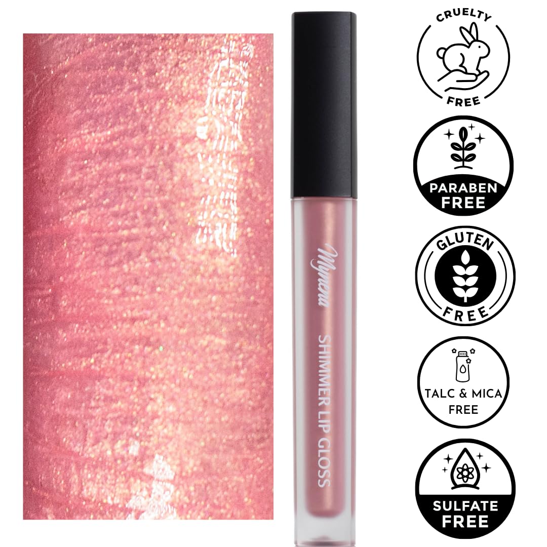 Mynena Light Rose Gold Shimmer Lip Gloss | Non-Sticky Lip Topper with Shea Butter – Lightweight Moisturizing Paraben-Free | Fine Glitter Demi-Sheer Gloss for Cosplay & Everyday Glam | Pinky