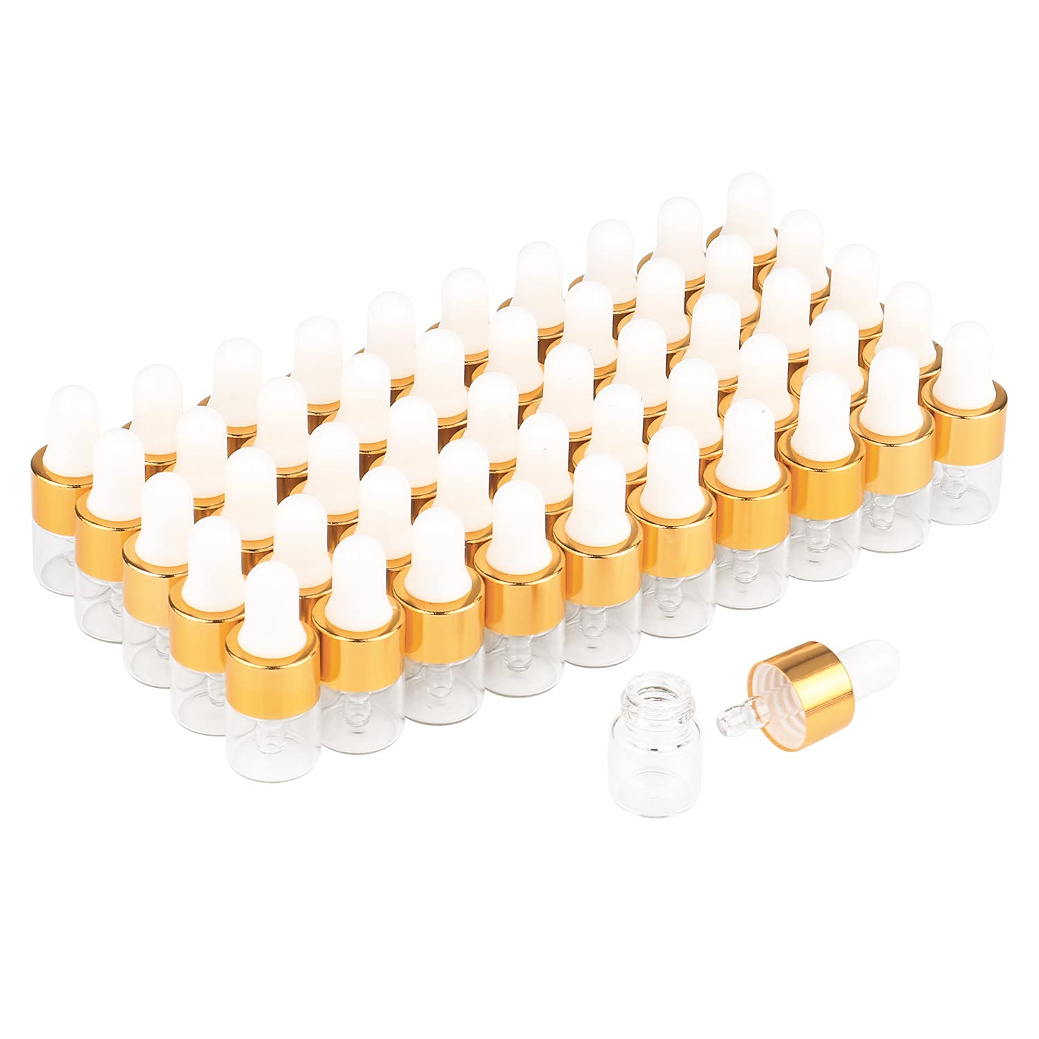 Wresty 50 Pcs Clear Glass Dropper Vails 1ml Mini Essential Oils Sample Dropper Bottles For Traveling Essential Oils Perfume Cosmetic Liquid,With 2 pcs dropper