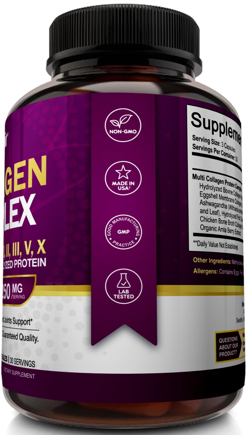 NutriFlair Multi Collagen Peptides 2250mg, 90 Capsules - Type I, II, III, V, X - Collagen Supplements Complex Powder Pills for Women and Men - Hydrolyzed Protein, Healthy Hair, Skin, Nails - Non-GMO