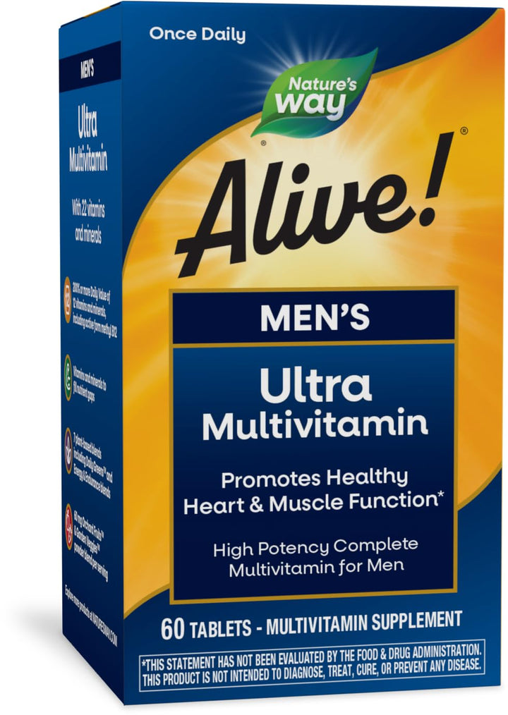 Nature's Way Alive! Men's Daily Ultra Multivitamin, High Potency Formula, Promotes Healthy Heart & Muscle Function*, with Methylated B12, Gluten Free, 60 Tablets (Packaging May Vary)