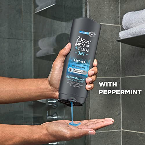 Dove Men+Care Post-Workout 3-IN-1 (Body + Face + Hair Wash) With Peppermint 4 Count Infused with Electrolytes + Magnesium 18 oz