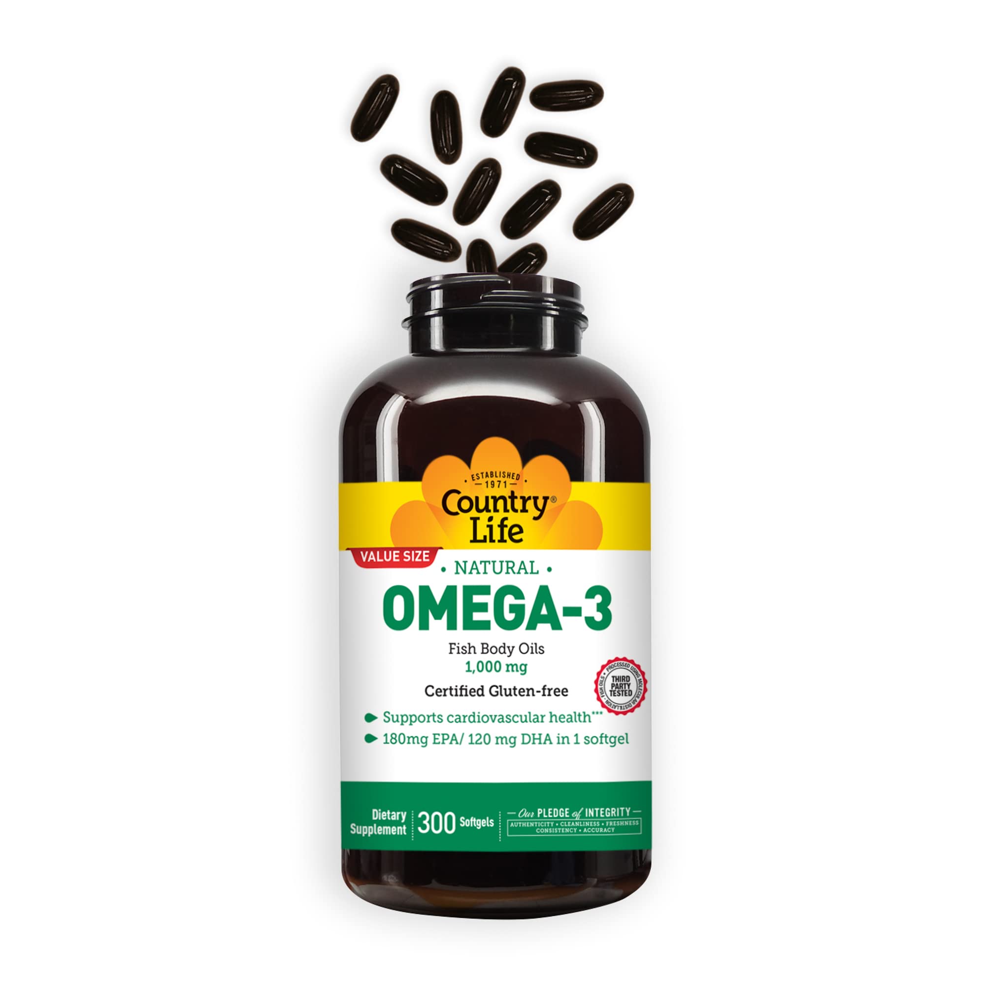 Country Life Omega-3 Fish Oil Supplement, 1000mg, 180mg EPA & 120mg DHA, Fish Oil Concentrate, Burpless, 300 Softgels, Certified Gluten Free