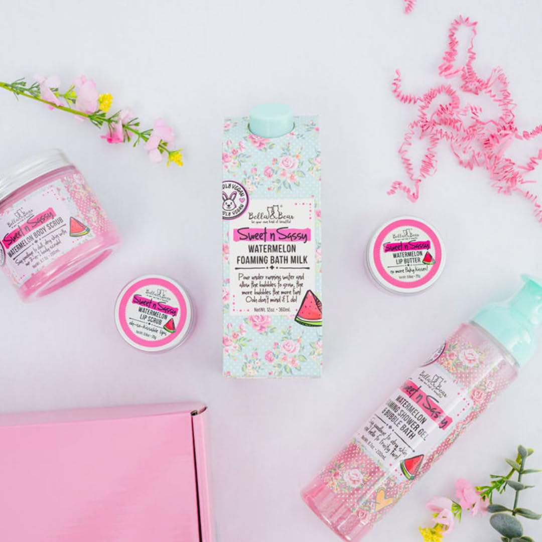 Bella & Bear Sweet 'n' Sassy Watermelon Mega Bath & Body Gift Set with Foaming Shower Gel & Bubble Bath, Bath Milk, Body Scrub & Lip Scrub and Lip Butter