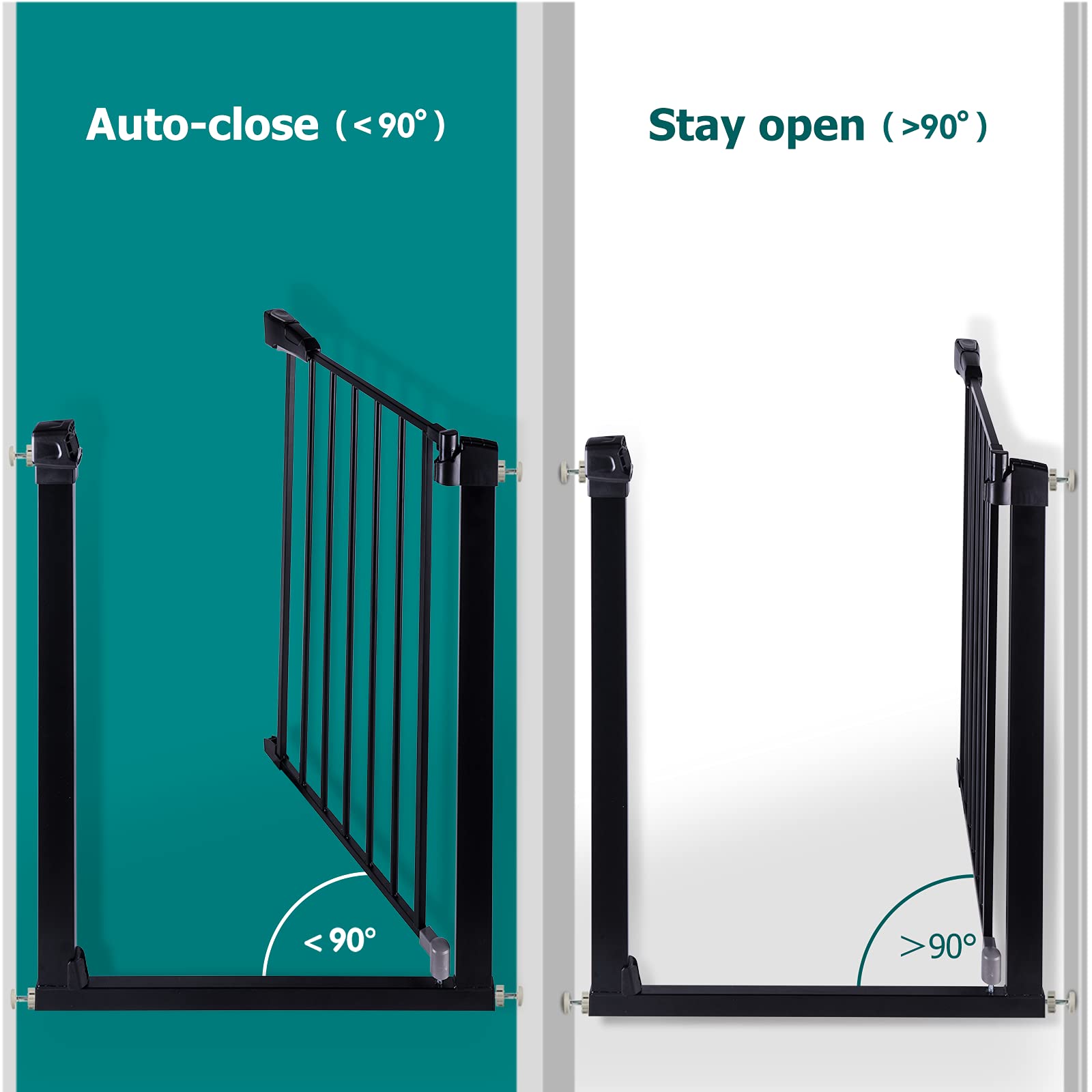 BABELIO Metal Baby Gate, 2.75 Inch Black Extension, Extra Wide Baby Gates for Stairs & Doorways, Pressure Mounted Walk Thru Child Gate with Door, NO Need Tools NO Drilling,28 Tall