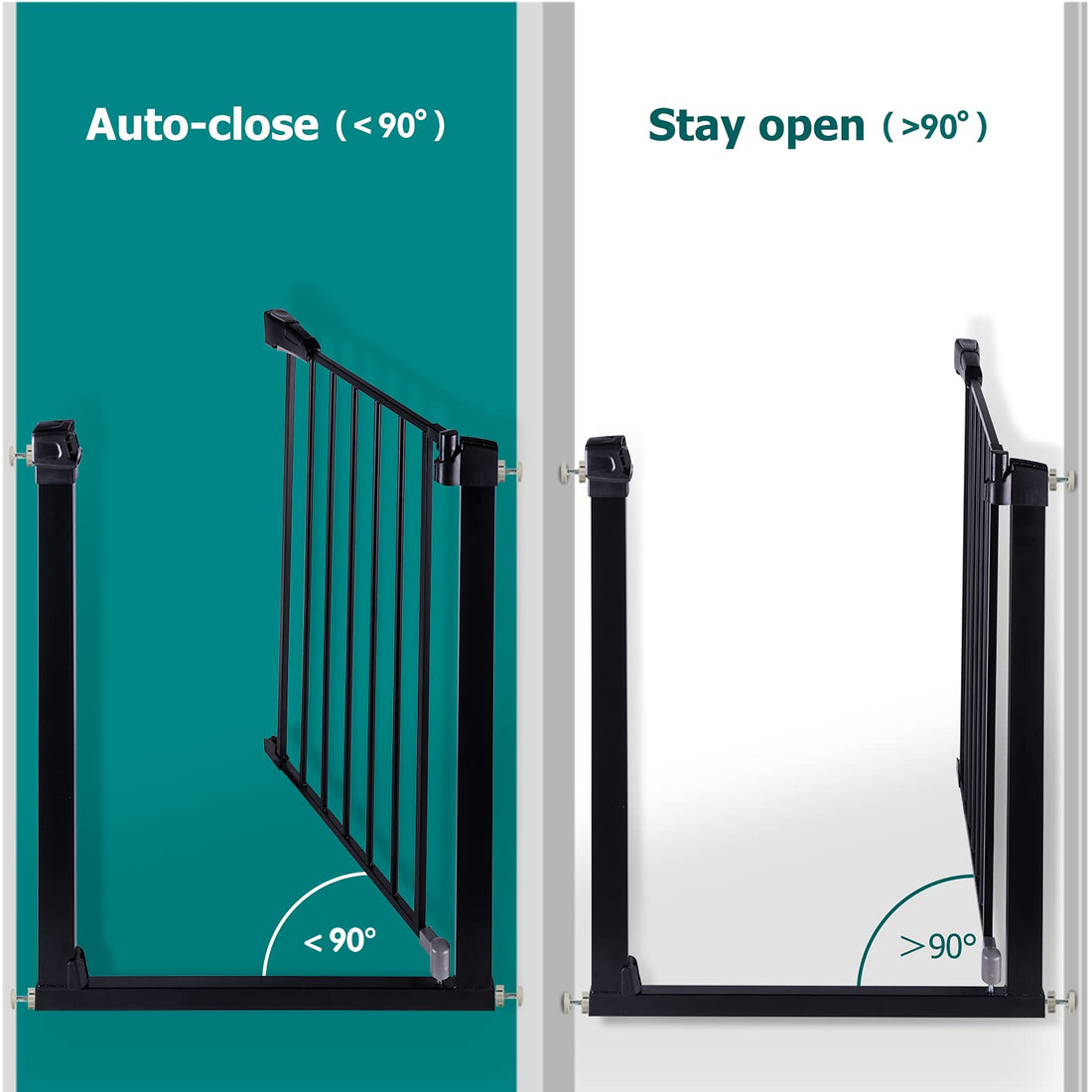 BABELIO Metal Baby Gate, 2.75 Inch Black Extension, Extra Wide Baby Gates for Stairs & Doorways, Pressure Mounted Walk Thru Child Gate with Door, NO Need Tools NO Drilling,28 Tall