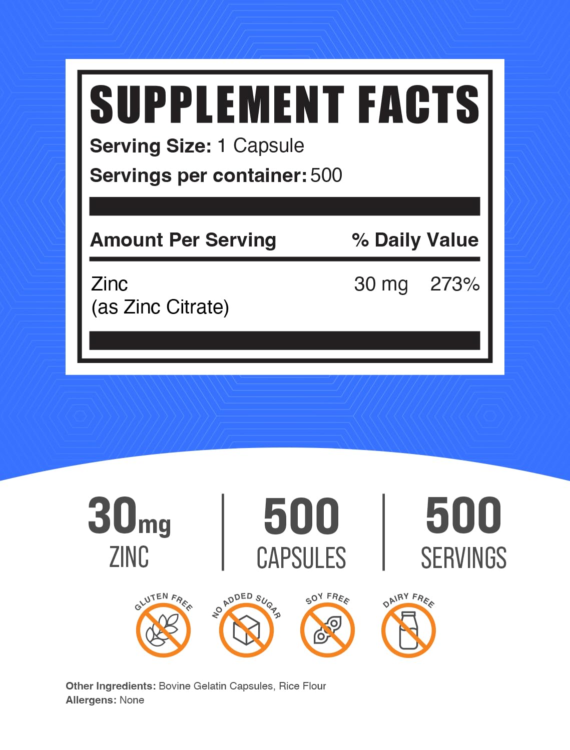 BulkSupplements.com Zinc Citrate Capsules - Zinc Supplements, Zinc 30mg, Zinc Capsules - Immune Support Supplement, Gluten Free, 1 Capsule per Serving, 500 Capsules (Pack of 1)